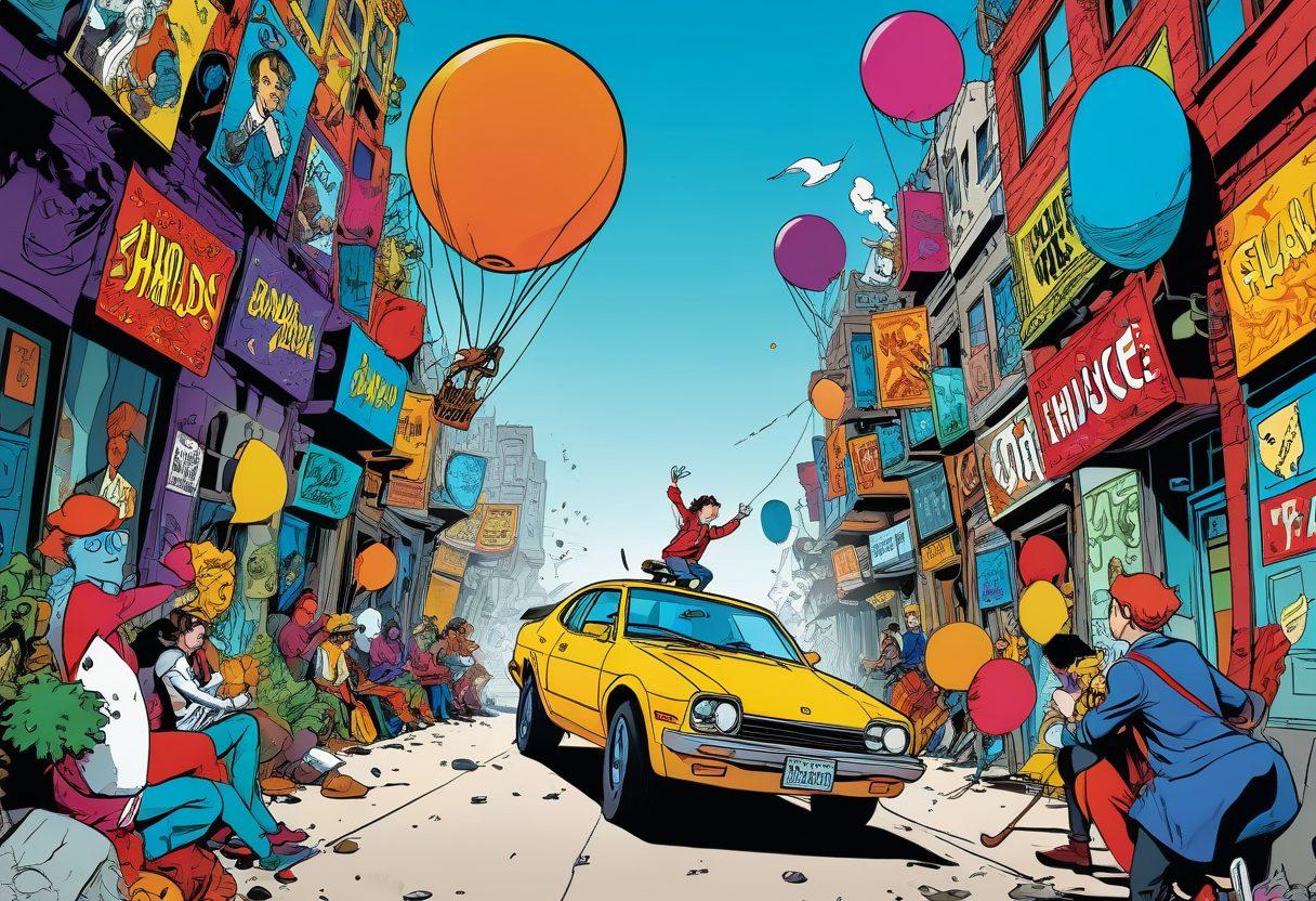 A whimsical and colorful journey through a fantastical comic book world, featuring diverse characters engaging in various adventures related to insurance concepts. Including playful visual metaphors like shields, safety nets, and comic panels with policy documents coming to life. The background should be vibrant and chaotic, showcasing both humor and the complexities of adult comics. The style should be a blend of cartoonish and semi-realistic with bold colors. vibrant colors. comic book style.