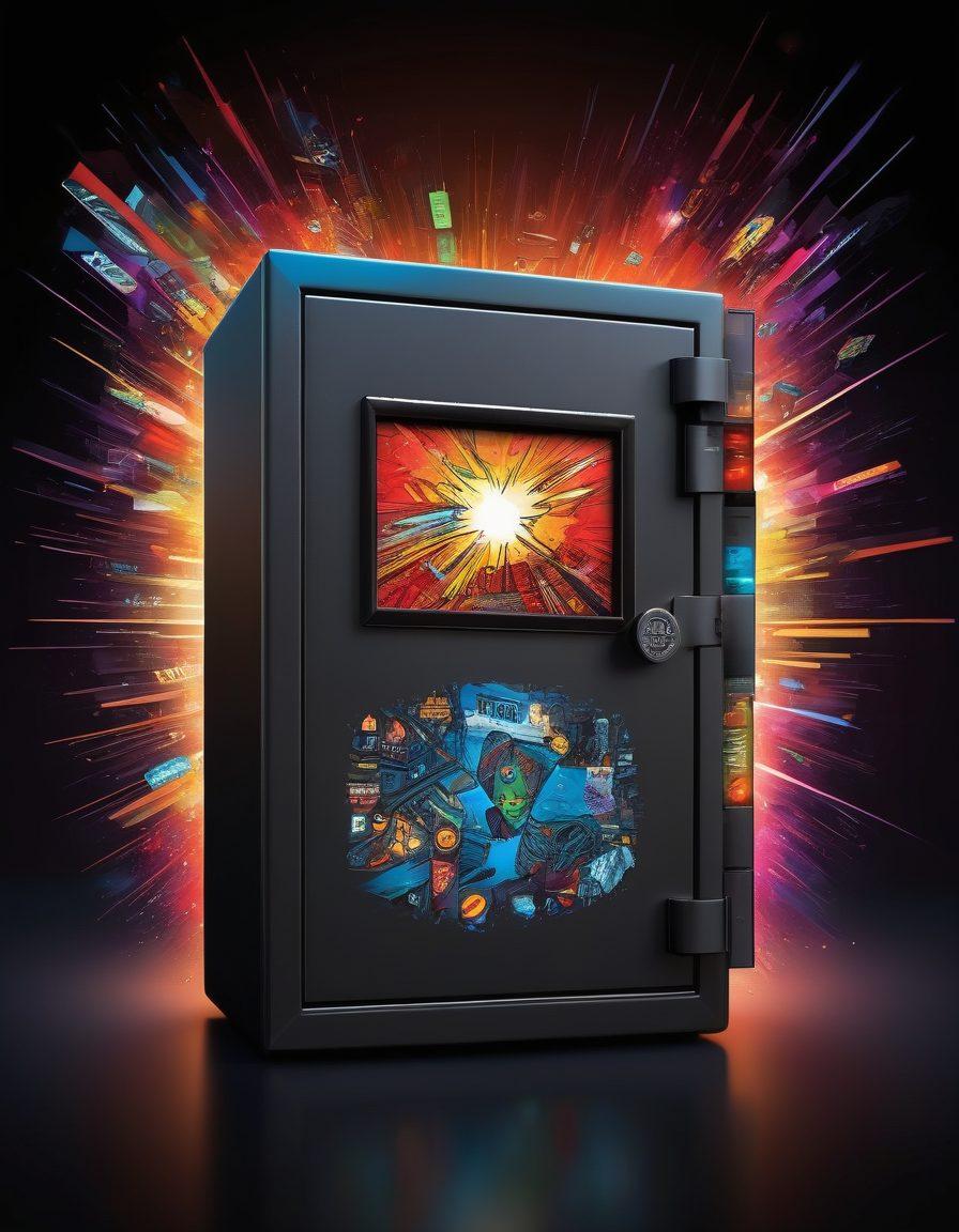 A digital safe adorned with comic book motifs, symbolizing security in the adult comic industry. Surround the safe with colorful, playful comic panels depicting superheroes and villains, contrasting with a dark, sleek background representing the digital age. Include elements like firewalls and security locks subtly integrated into the scene. The overall atmosphere should convey protection and creativity. vibrant colors. super-realistic. illustrative style.